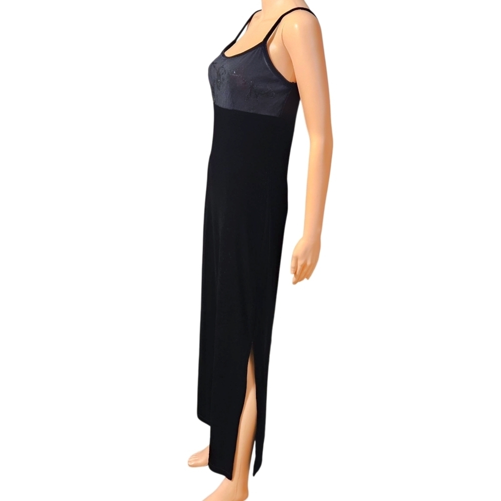 VTG 579 Black Velvet Evening Gown Sz 1 Floral Shimmer Bodice Slit Whimsigoth 90s - Picture 6 of 15